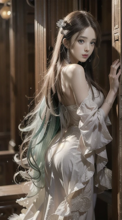 high quality, masterpiece, masterpiece, Delicate facial features, Delicate Hair, 1 girl, Delicate eyes, Delicate colored hair, 4K quality, Beautiful light and shadow, (Looking_return), Tyndall effect, Hello, Messy Hair, like々Condition, Nice views, Elegant clothes, chain, feather, Ancient Chinese beauty with big eyes、Very detailed, Digital Painting, Art Station, Concept Art, Sharp focus, figure, Artwork by Gregg Rutkovsky, Alphonse Mucha and Victor Engay