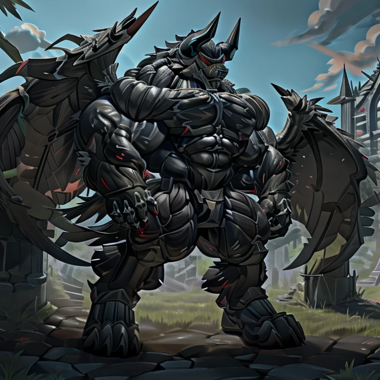 (gigantic muscles), 8K, Masterpiece, highres, Detailed head, Detailed Body, full body, Detailed abs, wearing crNanosuit, big muscle (pecs, triceps, traps) unusually developed muscular body, 
body full of huge muscles. 
pectorales enormes. Exaggeratedly huge muscles. Gigachad Muscular, gigantic muscles, Colossal giant NANOSUIT over a battlefield, The claws are sharp, Sharp teeth, Spread wings, have big wings. black wings, nj5furry, Animal paws, castle, black visor, demon lord dragon batzz