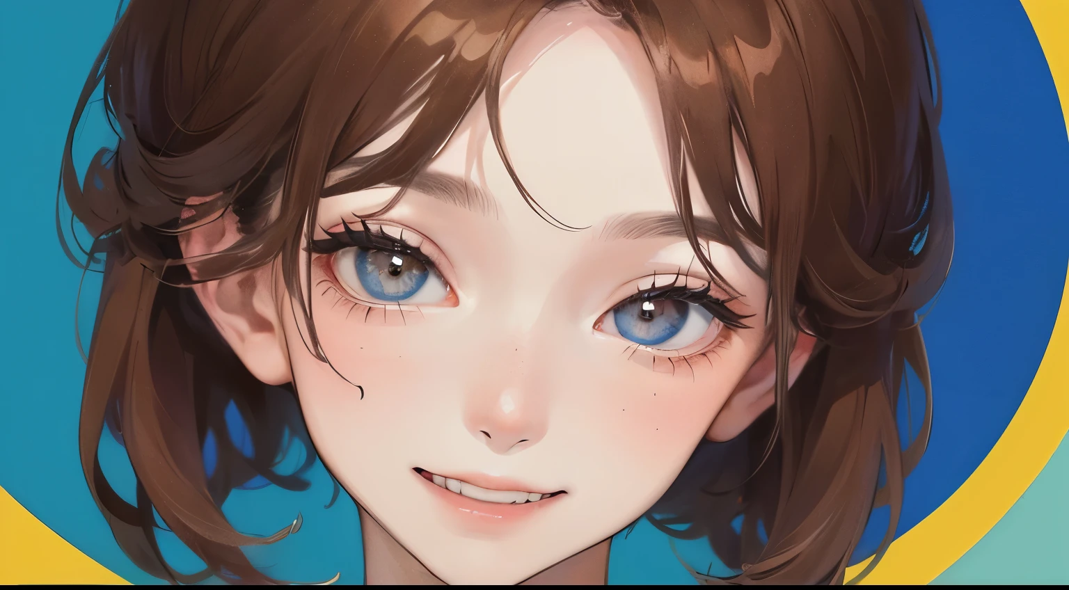 (((View from above)))、(((1 personの少女)))、((1 person)),Masterpiece,best quality, ((Mischievous smile))), ,((T-Shirts))、((Ripple background))、determined expression, Upper body diagram、 (Highest Resolution、Clear_image)、Best Quality、Light and shadow contrast、((illumination))、Very detailed、Semi-realistic、Short Hairstyle、Brown Hair、bangs、19 years old、　Lady,,young、((View from below))、Delicate Facial Features
