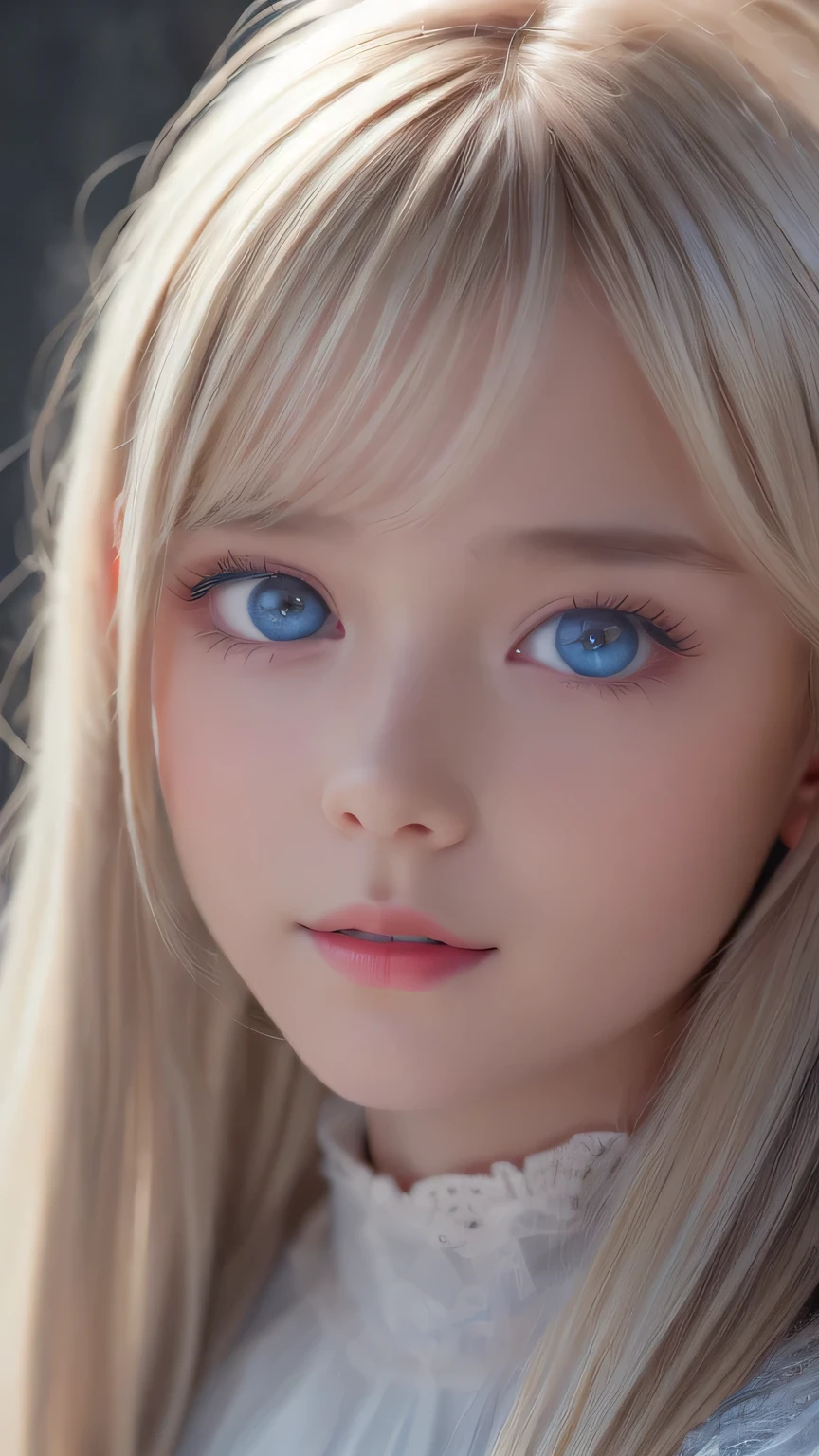 highest quality、8K Masterpiece、Ultra-high resolution、(Realistic:1.3)、RAW Photos、 girl of Scandinavian descent with shiny blonde hair、Silvery blonde hair、Super long straight hair、Bangs between the eyes、bangs over eyes、片bangs over eyes、Bangs between the eyes、White and lustrous skin、1. Cyberpunk Super Beautiful Soldier、((Ultra-Realistic Details))、Portraiture、Global Illumination、Shadow Realm、Octane Rendering、8K、Super sharp、Metal、Cold colors、、Very intricate details、Realistic Light、CG Association Trends、Very beautiful, large light blue eyes、Very big eyes、Eyes shining towards the camera、Neon Details、Small Face Beauty、Round face、Cheek highlight