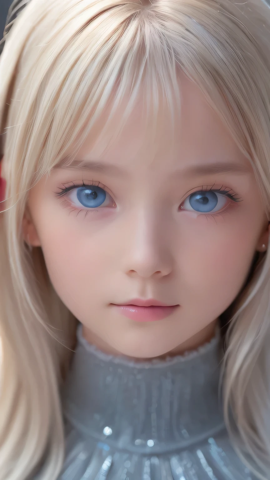 highest quality、8K Masterpiece、Ultra-high resolution、(Realistic:1.3)、RAW Photos、14 year old girl of Scandinavian descent with shiny blonde hair、Silvery blonde hair、Super long straight hair、Bangs between the eyes、bangs over eyes、片bangs over eyes、Bangs between the eyes、White and lustrous skin、1. Cyberpunk Super Beautiful Soldier、((Ultra-Realistic Details))、Portraiture、Global Illumination、Shadow Realm、Octane Rendering、8K、Super sharp、Metal、Cold colors、、Very intricate details、Realistic Light、CG Association Trends、Very beautiful, large light blue eyes、Very big eyes、Eyes shining towards the camera、Neon Details、Small Face Beauty、Round face、Cheek highlight