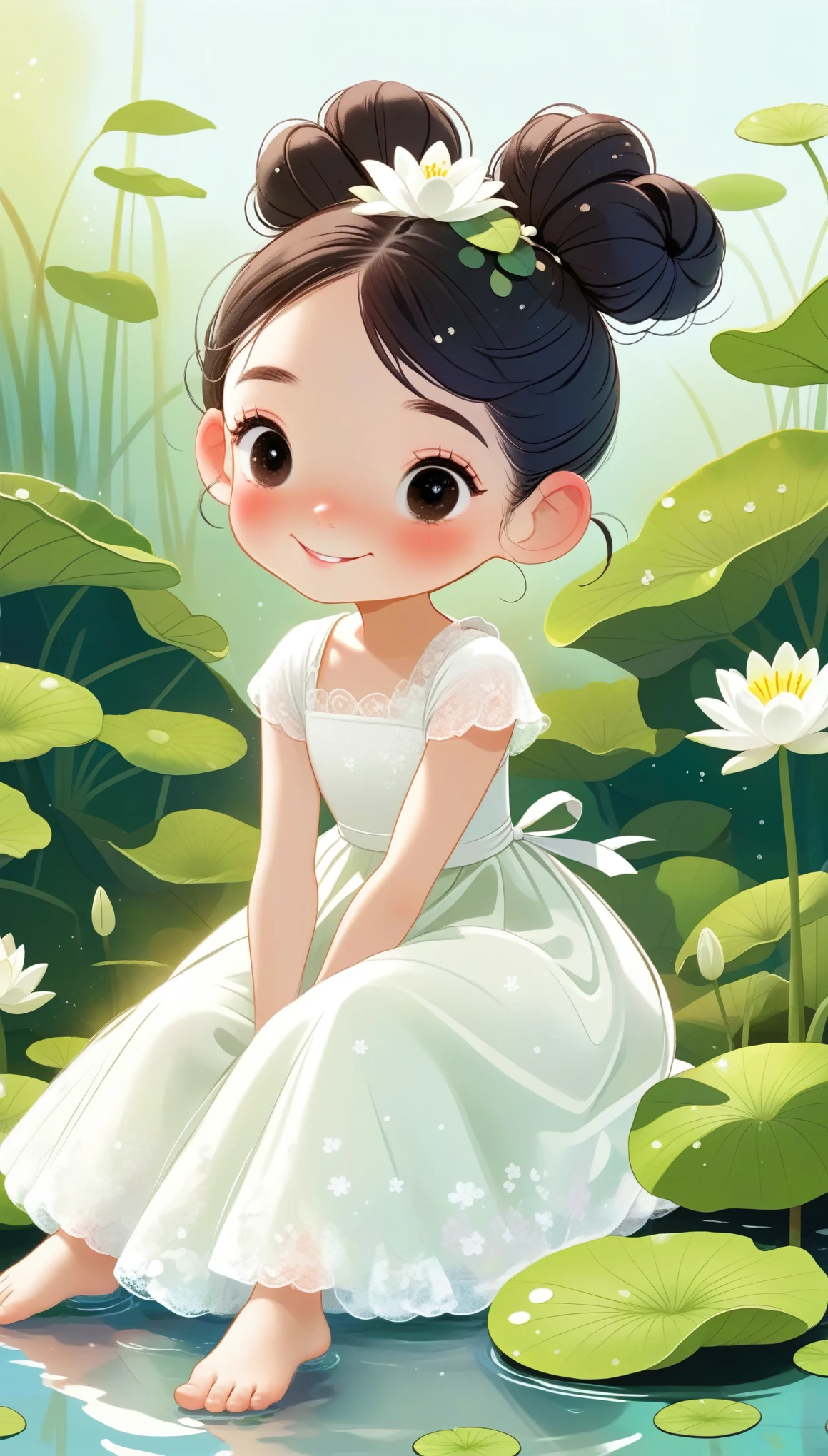 1girl, solo, blush, smile, black_hair, hair_ornament, dress, brown_eyes, sitting, flower, barefoot, artist_name, hair_bun, white_dress, leaf, watermark, single_hair_bun, child, minigirl, female_, lily_pad