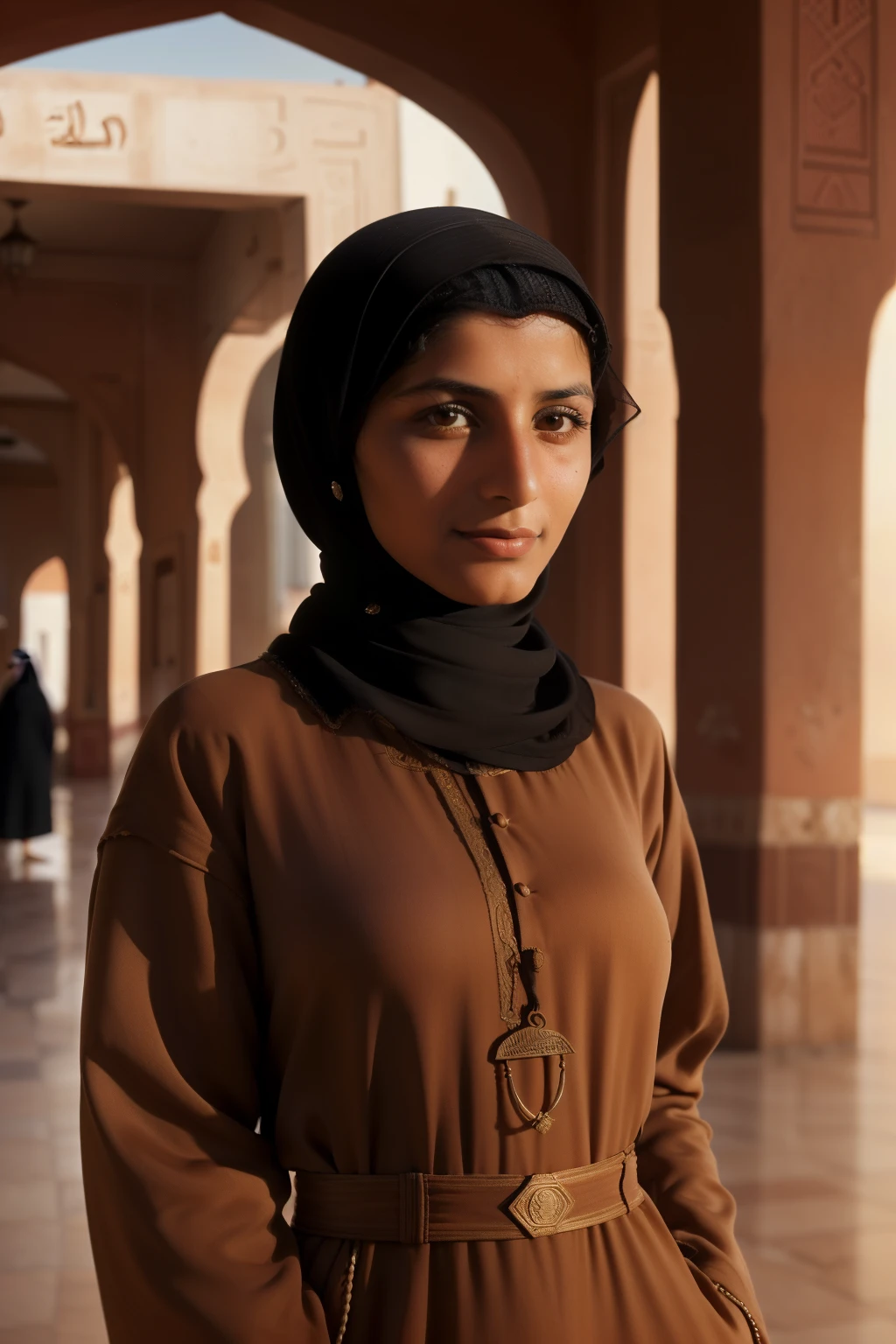 Tetouan, 1936. close-up portrait of A young ((((25-year-old)) Sira Quiroga)), beautiful, skinny, at sunrise, inside the train station building, (((scared expression))), ((((oversized arab clothings from the 1930s)))), ((hairstyle of the 1930s)), (colorful)