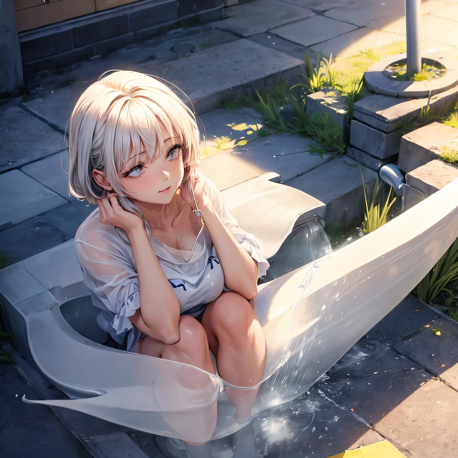 Woman (((((peeing herself))))) laying in white ad
