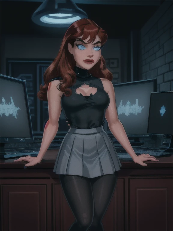 (a girl working with computers in batcave,( red long curly hair),beautiful icy blue eyes,beautiful detailed lips,beautiful face,long eyelashes, best quality,highres,ultra-detailed,realistic,dark castle vibes,full body, (black fit top tank), (grey skirt) , ( torn black pantyhose)