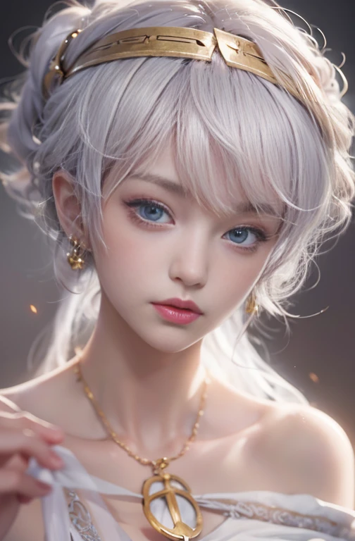 18-year-old, Close up portrait of woman in Ancient Greek clothing、Shoulder out、thin、Serious expression、Short-haired、Deadly position, Gorgeous Necklace, Light milky porcelain skin, Smooth, Translucent white skin, Enchanting anime girl, Beautiful and seductive anime woman, Ultra realistic sweet bunny girl, Pale porcelain white skin, Smooth, Realistic and perfect body, Anime Girl Cosplay, Perfect body with realistic shadows, Gweitz&#39;s Masterpiece
