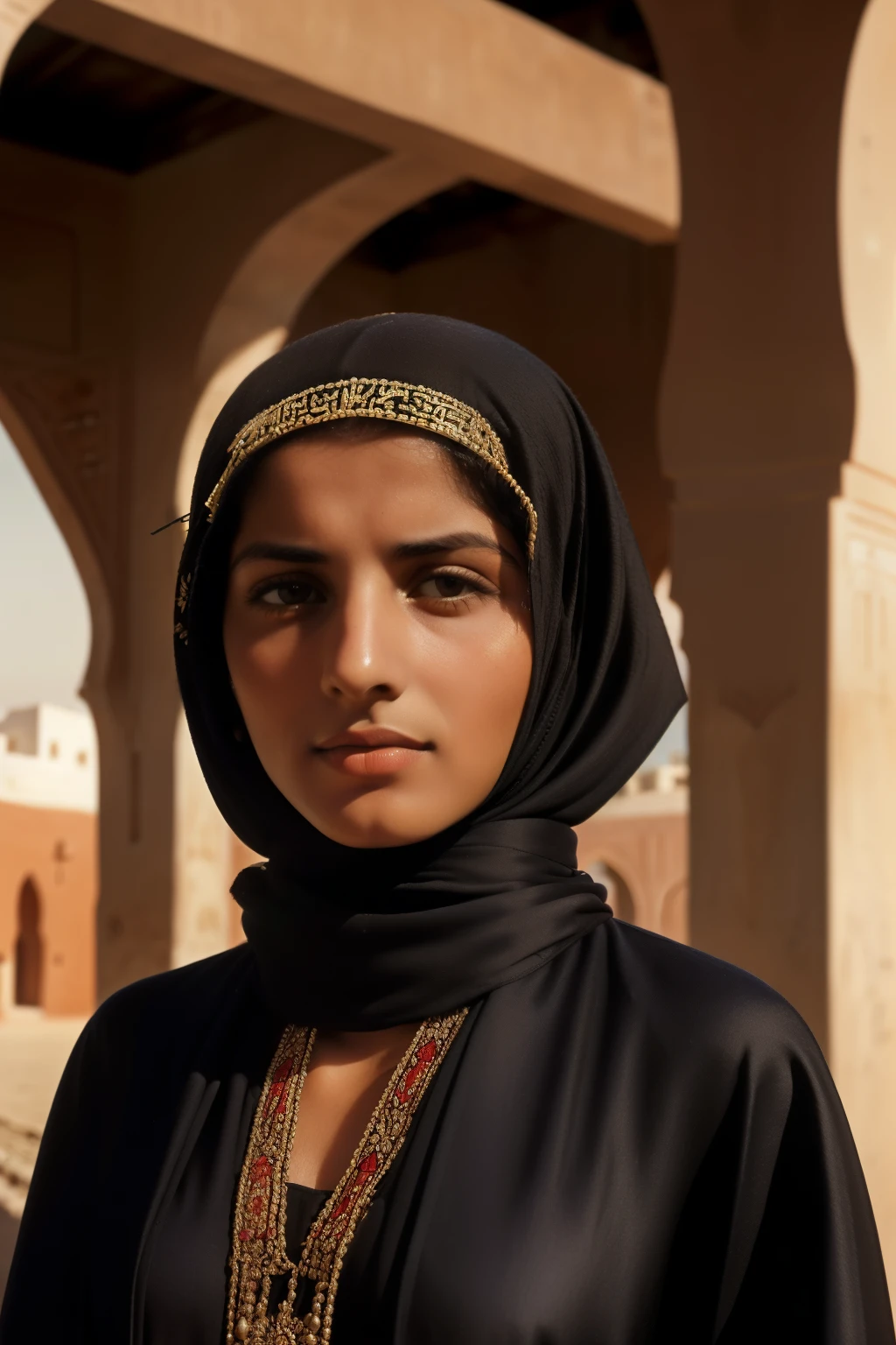 Tetouan, 1936. close-up portrait of A young ((((25-year-old)) Sira Quiroga)), beautiful, skinny, at sunrise, inside the train station building, ((((scared fear expression)))), ((((oversized arab clothings from the 1930s)))), ((hairstyle of the 1930s)), (colorful)