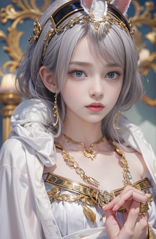 18-year-old, Close up portrait of woman in Ancient Greek clothing、Shoulder out、thin、Serious expression、Short-haired、Deadly position, Gorgeous Necklace, Light milky porcelain skin, Smooth, Translucent white skin, Enchanting anime girl, Beautiful and seductive anime woman, Ultra realistic sweet bunny girl, Pale porcelain white skin, Smooth, Realistic and perfect body, Anime Girl Cosplay, Perfect body with realistic shadows, Gweitz&#39;s Masterpiece
