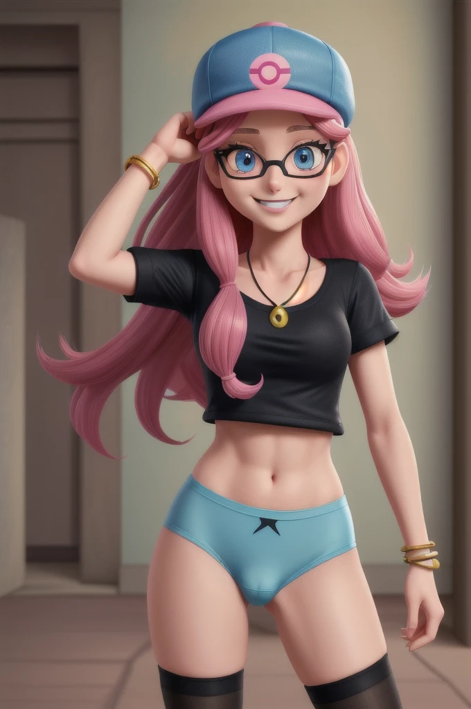 ((masterpiece,best quality)), absurdres, serena \(pokemon\), 1girl, long hair, blue eyes, thighhighs, long hair, hat, jewelry, bracelet, tight underwear, eyelashes, pink headwear, black shirt, eyewear on headwear, solo, smiling, looking at viewer, cowboy shot, cinematic composition, contrapposto,
