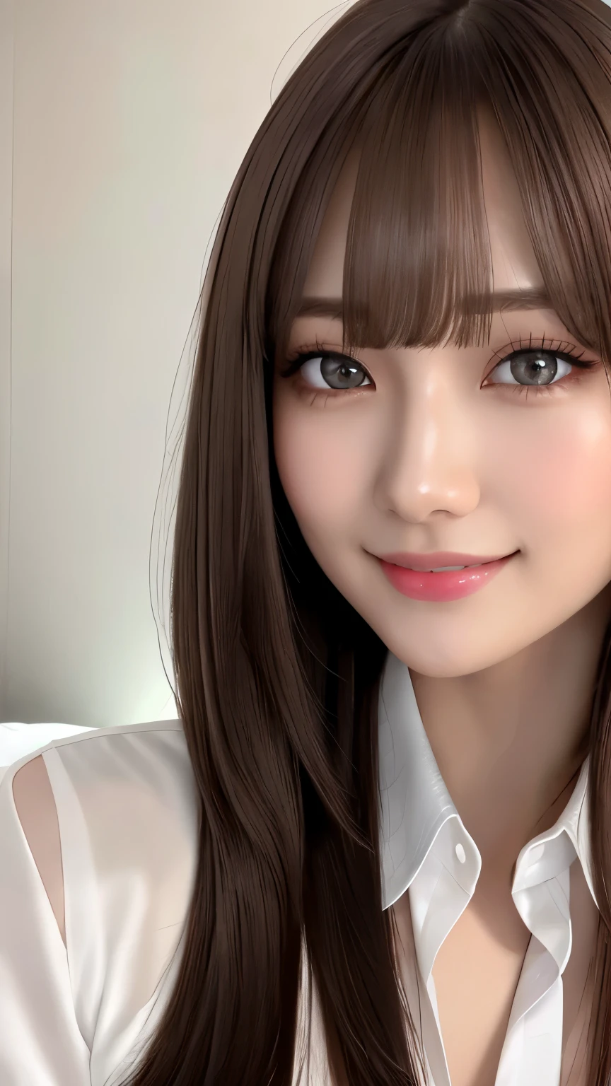 Front view、Nice style、Young and pretty girl in Japan、Standing alone next to a bed in a luxurious room with a big smile on her face, Attractive person, Wearing an unbuttoned long-sleeved white silk satin shirt with a collar, Shiny satin white panties,Cleavage、 Super cute face, Glossy Lips, Double eyelids on both eyes, Natural Makeup, Long eyelashes, shiny smooth light brown, Straight Hair、Asymmetrical bangs, Center image, High resolution, Attention to detail, Detailed hairstyle, Detailed face, Spectacular movie lighting, Octane Rendering, Vibrant, Ultra-realistic, Perfect limbs, Perfect Anatomy