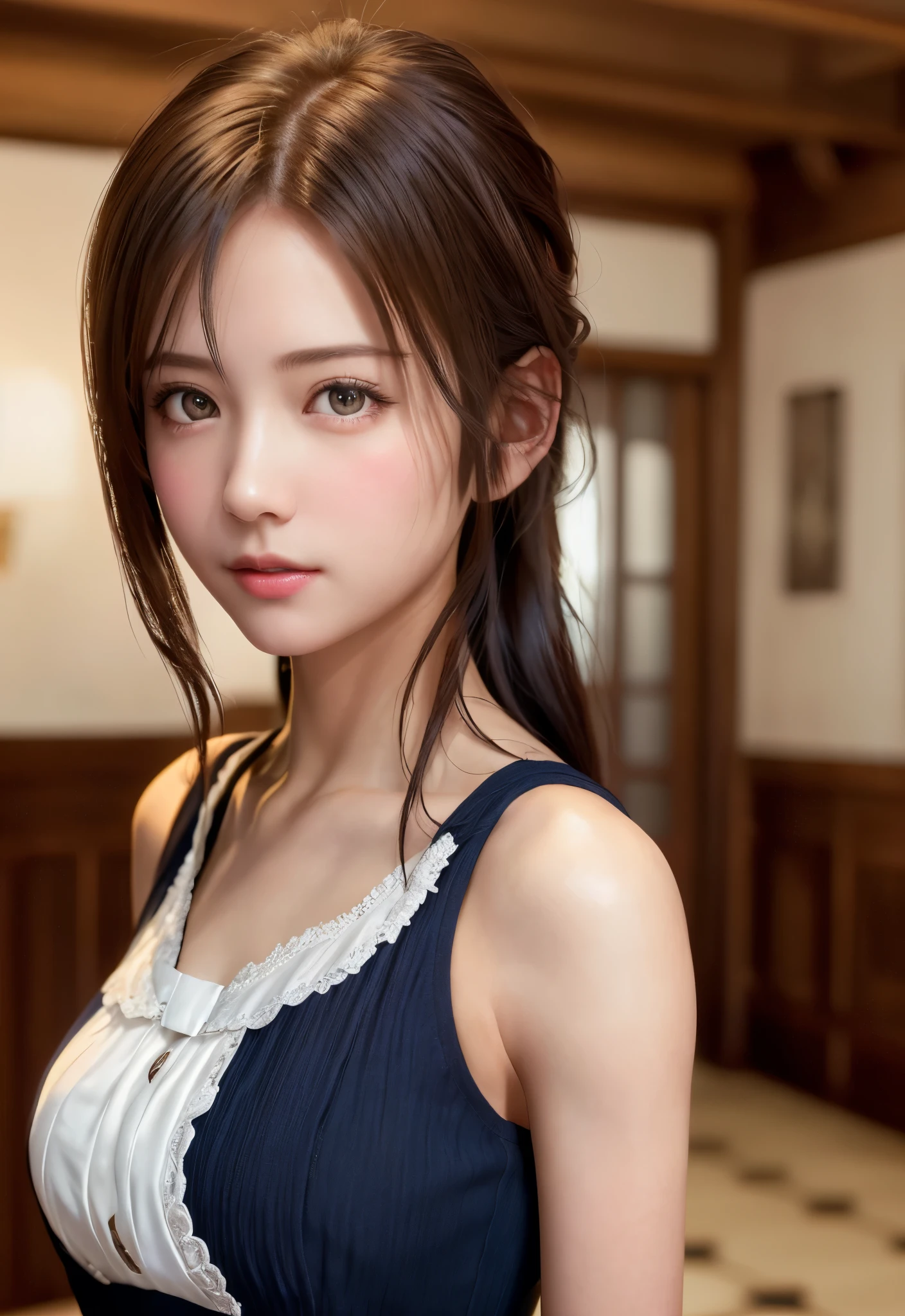 8K, of the highest quality, masutepiece:1.2), (Realistic, Photorealsitic:1.37), of the highest quality, masutepiece, Beautiful young woman, Pensive expression,、A charming、and an inviting look, Cute Maid Clothes, Hair tied back, Cinematic background, Light skin tone