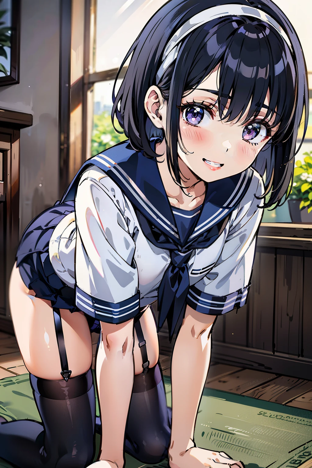 sailor uniform, sailor suit, one woman, (A beauty woman, Delicate high school girl:1.3), 8K, highest quality, masterpiece, Very detailed, Ultra-high resolution, Realistic, RAW Photos, Absolute Resolution, Black Hair, Bobcut, Small face compared to body, Very small face, Black Hair, ((Navy blue sailor suit)), Navy Blue Skirt, High school girl in sailor suit, 2D Rendering of Anime, Realistic若いアニメの女子高生, , ((White headband)), Small breasts, tall, Slanted Eyes, Purple Eyes, Black Stockings, garter belt, toothless smile, Private room, (yoga:1.3), (Top-down position:1.2), blurry background,