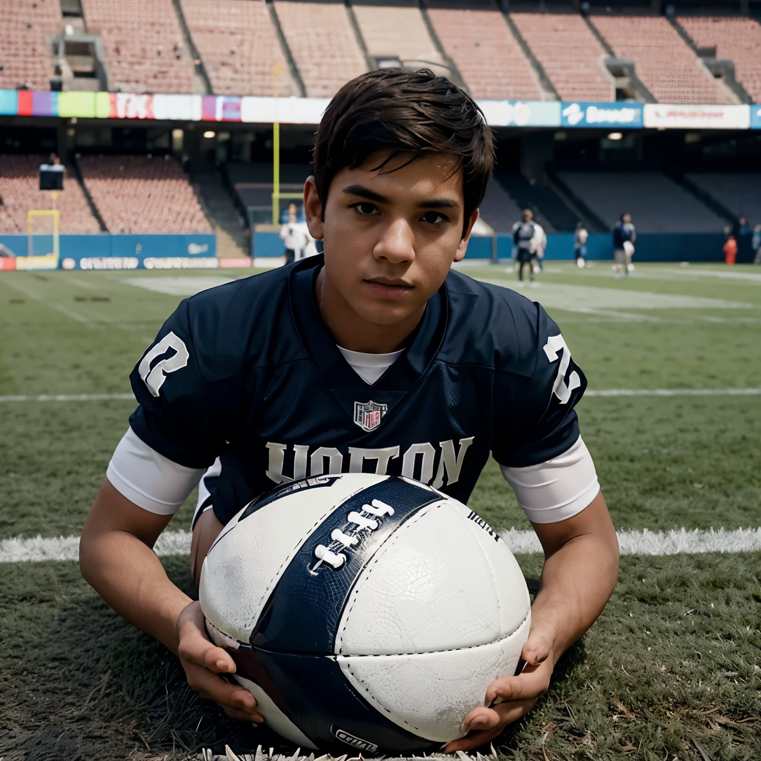 A boy wearing football jersey, the football jersey has a name Harsh and a number 7 on it holding a football facing opposite side on the ground