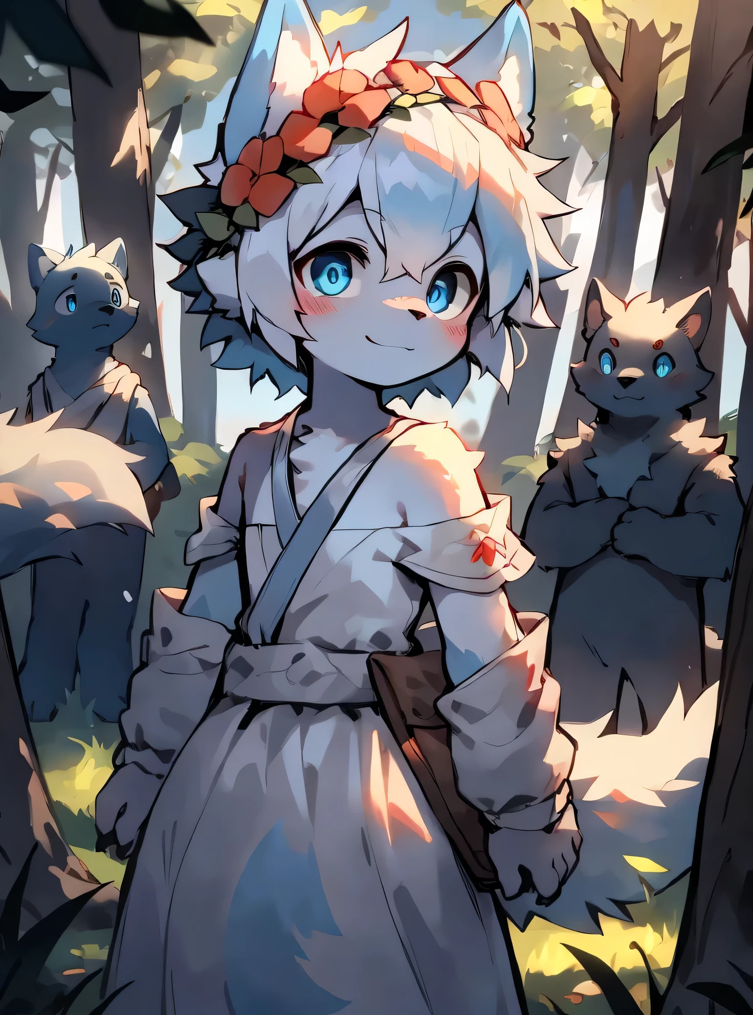 masterpiece, best quality:1.3), high resolution, Wolf，White hair，The fur on the arms and calves is a gradient sky blue，Sky blue pupils，Sky blue ear hair，Wearing a white dress，Clothes loose and half-off，Expose your shoulders，Standing on the grass，A flush on his face，Blurred eyes，Background semi open，Time morning，The open-air part has a clear blue sky，Forest in the background，Sunlight through the forest，Male beasts too，Long white hair，Hair blowing in the wind，Wearing a wreath on the head，Turn your back，Looking back at the camera，cute，Smile，The tree is relatively short