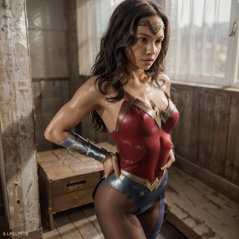 (((Make the most of the original image)))、(((Jenna Ortega in a sexy Wonder Woman Costume)))、((brunette with bangs)), (((lustrous dark hair)))、(((Suffering)))、(((worn with tights)))、((Top image quality、8K))、((top-quality、8K、masterpiece:1.3))、Crisp focus:1.2、Beautiful woman with perfect body shape:1.4、Slender Abs:1.2、((layers-Cut、small boob:1.2))、a wet body:1.5、Highly detailed facial and skin texture, (((platino 15 denier seamless pantyhose))), babe Wonder Woman in red sheer panties and tights