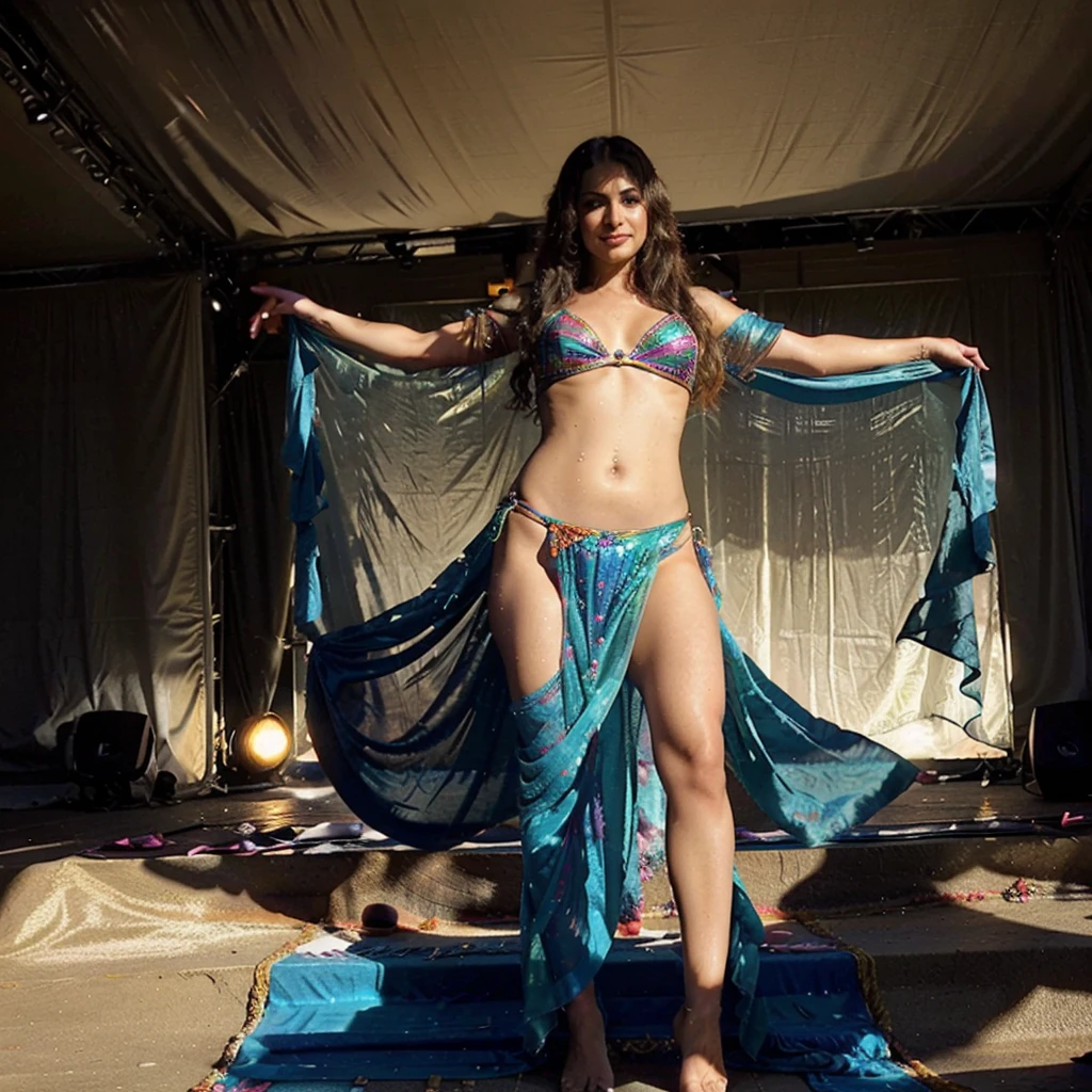 A lovely woman, belly dancer, dressed in flowing sheer colorful silks, is doing a sensual mesmerizing dance. she is on stage at a USO show