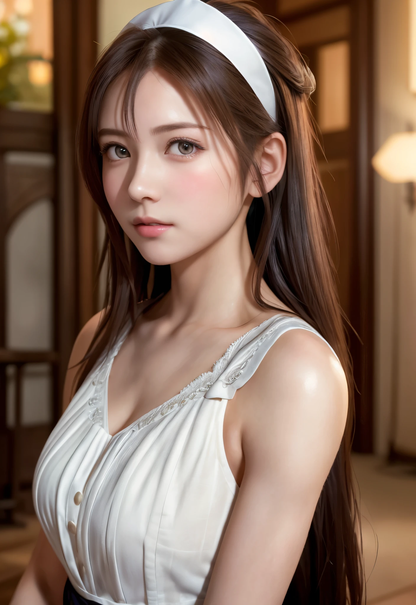 8K, of the highest quality, masutepiece:1.2), (Realistic, Photorealsitic:1.37), of the highest quality, masutepiece, Beautiful young woman, Pensive expression,、A charming、and an inviting look, Cute Maid Clothes, Hair tied back, Cinematic background, Light skin tone