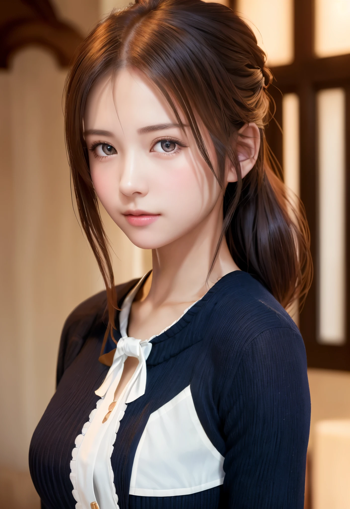 8K, of the highest quality, masutepiece:1.2), (Realistic, Photorealsitic:1.37), of the highest quality, masutepiece, Beautiful young woman, Pensive expression,、A charming、and an inviting look, Cute Maid Clothes, Hair tied back, Cinematic background, Light skin tone