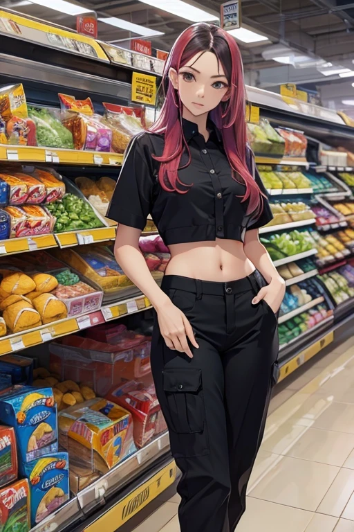 In supermarket, women in cashier, black crop top button shirt midriff, showing navel, name tag on shirt, black low waist pants, showing a lot off abdomen
