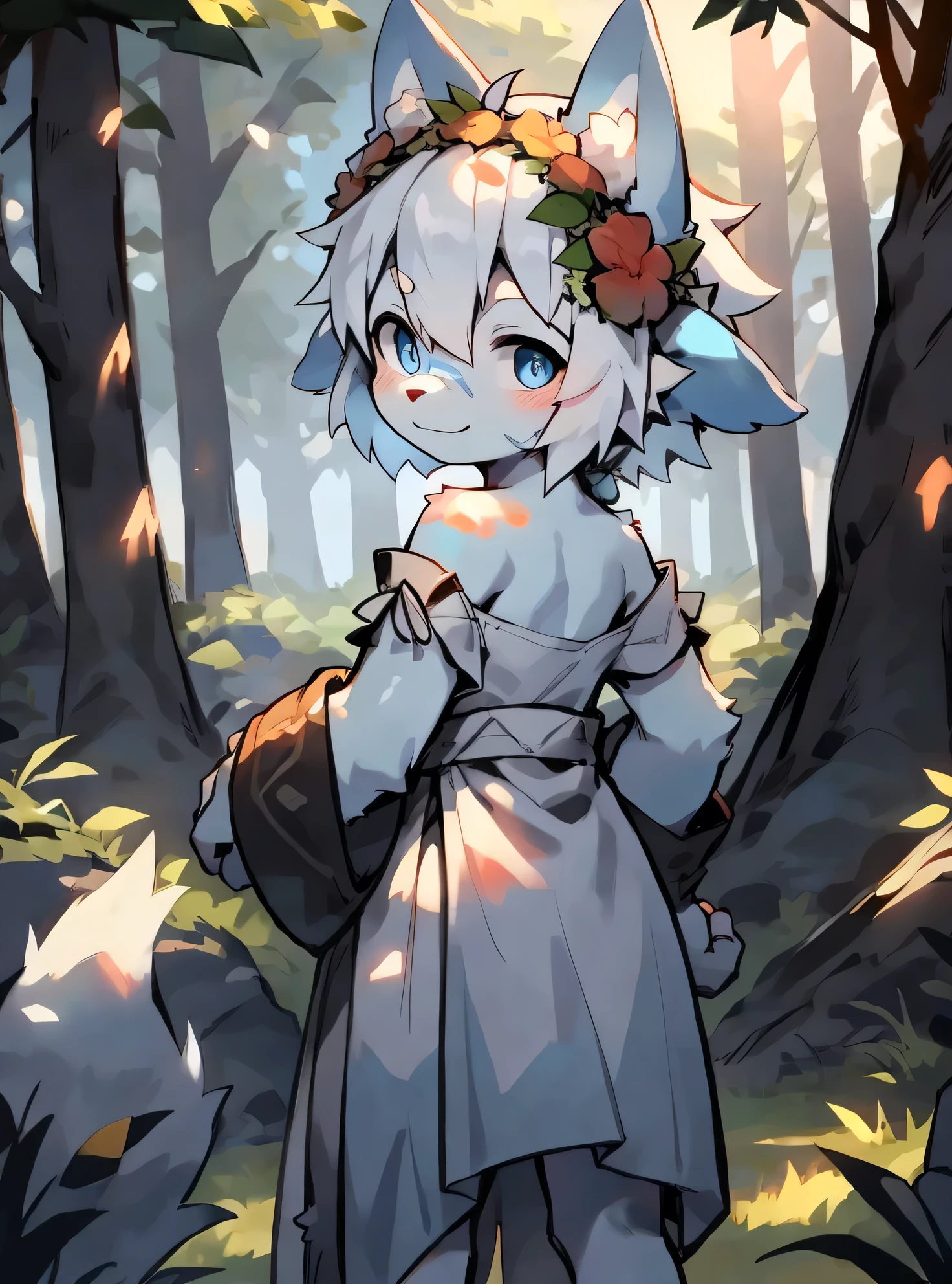 masterpiece, best quality:1.3), high resolution, Wolf,White hair,The fur on the arms and calves is a gradient sky blue,Sky blue pupils,Sky blue ear hair,Wearing a white dress,Clothes loose and half-off,Expose your shoulders,Standing on the grass,A flush on his face,Blurred eyes,Background semi open,Time morning,The open-air part has a clear blue sky,Forest in the background,Sunlight through the forest,Male beasts too,Long white hair,Hair blowing in the wind,Wearing a wreath on the head,Turn your back,Looking back at the camera,cute,Smile,The tree is relatively short