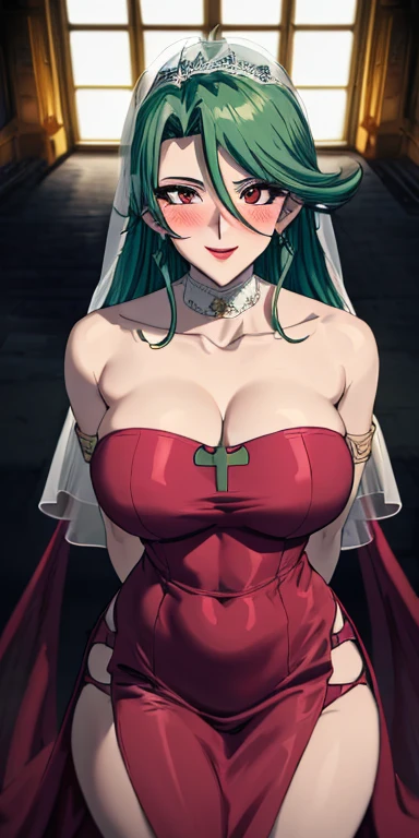 masterpiece, best quality, ultra-detailed, illustration,masterpiece, Best quality, high resolution, high resolution, Camula, 1girl, green hair, solo,clear skin, red dress, armlets,clear skin, upper body , evil smile,beautiful detailed eyes, looking at viewer in a seductive look, close up, (breast focus), (arms behind back:1.2), (from above:1.1),big sized breasts, attempt to seduce,blush, cleavage ,(wide thighs:1.3), moonlight, Sky, flying bats,((white veil:1.5)),((inside church))
