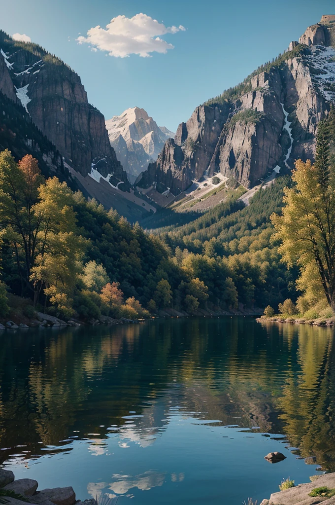 there is a painting of a mountain and a lake with rocks, laurent durieux, escher painting of a lake, kenton nelson, scenery artwork, detailed scenery —width 672, dan mumford and albert bierstadt, detailed painting 4 k, lakeside mountains, mountain lake, highly detailed vector art, beautiful retro art, detailed scenery, beautiful detailed scene