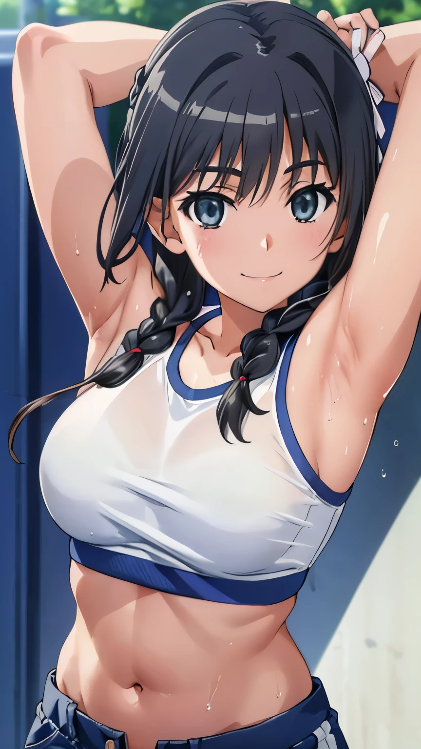 pixel perfect, Perfect in every detail, alone, 1 girl, Saten Ruiko, medium breasts,braid hair,inner,belly button,shorts,smile,stylish pose,stylish angle,looking at the viewer,in the center of the image,alone, sweaty, armpits, ((close up armpit))