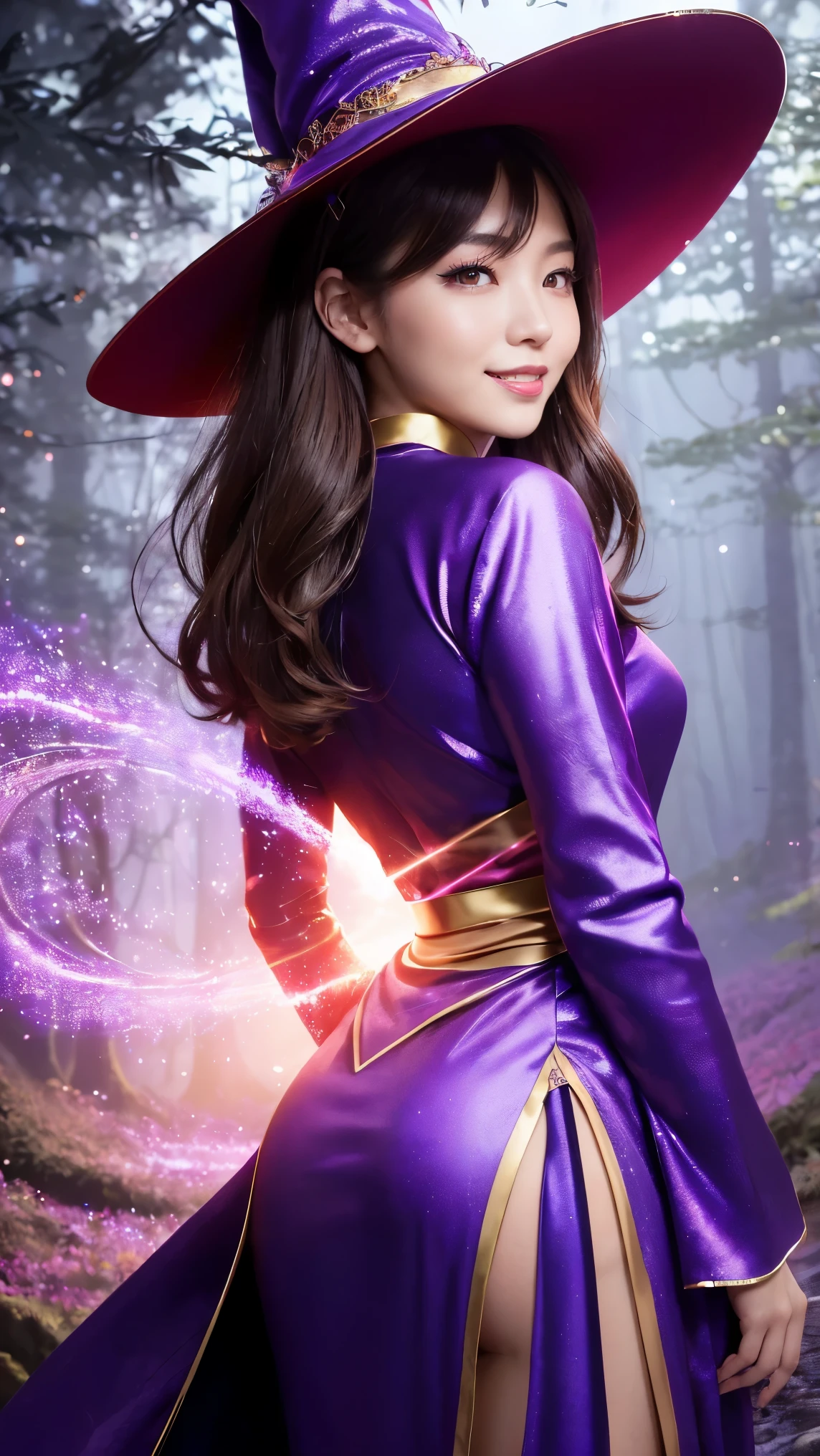 Realistic, masterpiece, highest quality, Highest resolution, One Japanese woman, Happy smile, Detailed and beautiful eyes, Iris, Sparkling eyes, Thin eyebrows, Thin and long eyelashes,Eyelash extensions, Natural Makeup, (Three-stranded, Brown Hair:1.2), Detailed face, She looks to the side and into the distance, laughing, Mouth open, cheeks pink, (magician, Magical forest background,Mysterious atmosphere,Vibrant colors,Dark and mysterious lighting,Magic spells,Glowing magic crystals,Red costume,A robe with a design that blends the classic Chinese dress,Witch Hat,Magic wand,Glowing Rune,holographic effect:1.2), (Fitted clothing:1.3), Upper body photo, (Hide your hands behind your back:1.3), Turning around