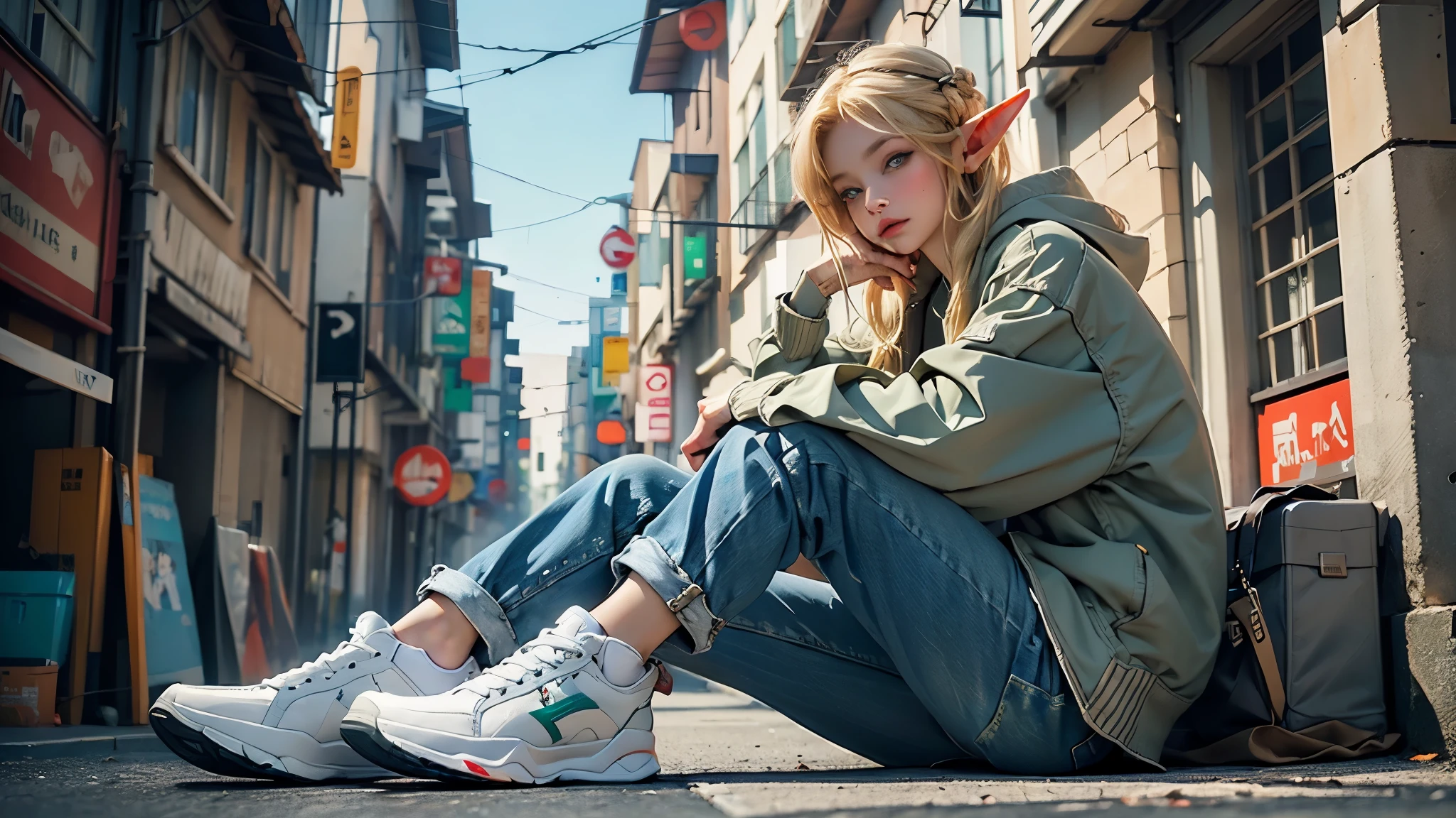 (highest quality, 8k, 32k, masterpiece, Ultra-high resolution):1.2, Blurred Background, Great photo with beautiful saturation, Ultra-high resolution,(Realistic:1.4)),Deep Shadow,(highest quality), ultra Realistic,32k,Highly detailed CG Unity 8k wallpaper, highest quality,Trendy clothing,((sneakers)),Hands hang down naturally,Hooded jacket,Street side,((Elf)),(Blonde),1girl