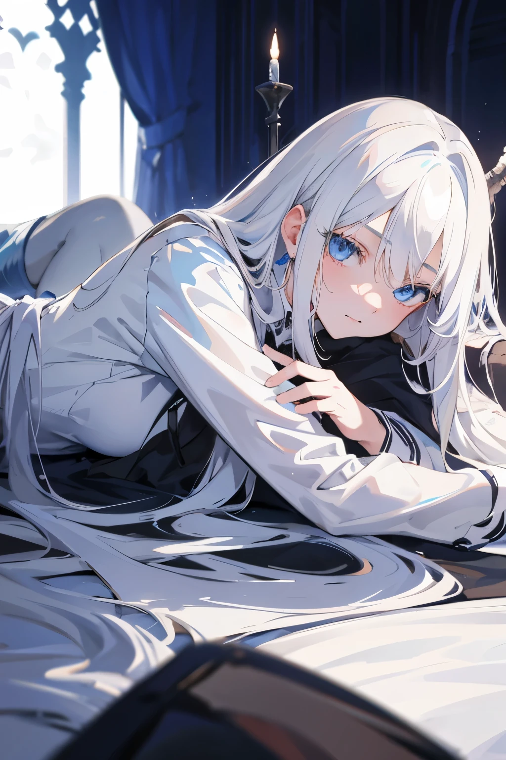  girl，Beautiful and Brave, Long white hair, blue eyes, Wear white, Full HD, best quality，Lying on the devil&#39;s bed， Shy，Wearing white stockings