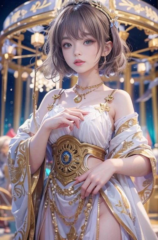 18-year-old, wide range lens, woman in Ancient Greek costume、woman enjoying merry-go-round in the night,Shoulder out、thin、Serious expression、Short-haired、Deadly position, Gorgeous Necklace, Light milky porcelain skin, Smooth, Translucent white skin, Enchanting anime girl, Beautiful and seductive anime woman, Ultra realistic sweet bunny girl, Pale porcelain white skin, Smooth, Realistic and perfect body, Anime Girl Cosplay, Perfect body with realistic shadows, Gweitz's Masterpiece,