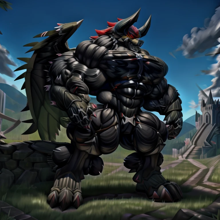 (gigantic muscles), 8K, Masterpiece, highres, Detailed head, Detailed Body, full body, Detailed abs, wearing crNanosuit, big muscle (pecs, triceps, traps) unusually developed muscular body,
body full of huge muscles.
pectorales enormes. Exaggeratedly huge muscles. Gigachad Muscular, gigantic muscles, Colossal giant NANOSUIT over a battlefield, The claws are sharp, Sharp teeth, Spread wings, have big wings. black wings, nj5furry, Animal paws, castle, black visor, demon lord dragon batzz