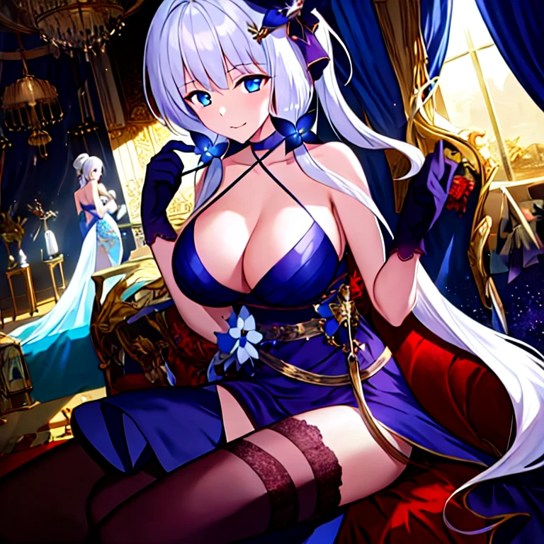 (best quality:1.2), 1girl, solo, white hair, black gloves, hand up, black stockings, indoors, smirk, high contrast, soft lighting, vibrant colors, ethereal atmosphere, intricate details, mesmerizing portrait, fantasy aesthetic, elegant pose, mysterious ambiance, flawless skin, piercing eyes, flowing dress, delicate features, chiaroscuro effect, subtle shadows, polished finish, captivating expression, alluring gaze, graceful movements, enigmatic personality, enchanting beauty, surreal backdrop, immersive environment, cinematic composition