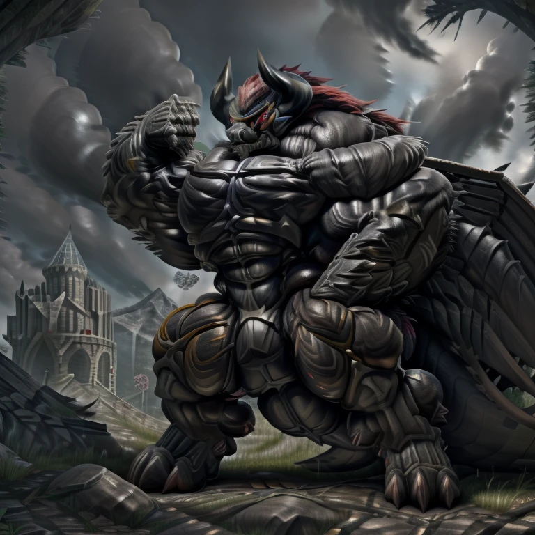 (gigantic muscles), 8K, Masterpiece, highres, Detailed head, Detailed Body, full body, Detailed abs, wearing crNanosuit, big muscle (pecs, triceps, traps) unusually developed muscular body, 
body full of huge muscles. 
pectorales enormes. Exaggeratedly huge muscles. Gigachad Muscular, gigantic muscles, Colossal giant NANOSUIT over a battlefield, The claws are sharp, Sharp teeth, Spread wings, have big wings. black wings, nj5furry, Animal paws, castle, black visor, demon lord dragon batzz