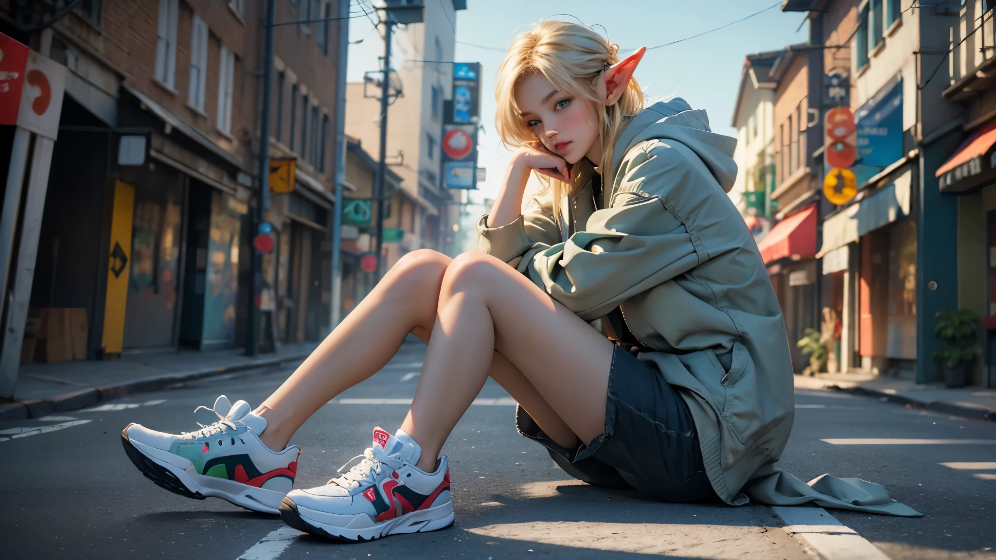 (highest quality, 8k, 32k, masterpiece, Ultra-high resolution):1.2, Blurred Background, Great photo with beautiful saturation, Ultra-high resolution,(Realistic:1.4)),Deep Shadow,(highest quality), ultra Realistic,32k,Highly detailed CG Unity 8k wallpaper, highest quality,Trendy clothing，((sneakers))，Hands hang down naturally，Hooded jacket，Street side，((Elf)),(Blonde),1girl