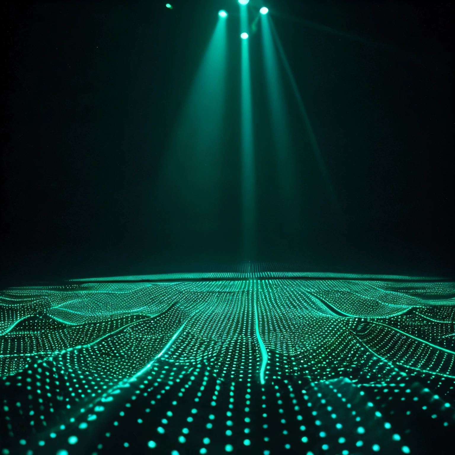 Black background bottom technology style，Evenly spaced small light spots，A chain of tiny dots of light，Only the lower part has light spots，Cool，Tech style poster，Blue-green light spots，Future technology style，Wave-like arrangement of light spots