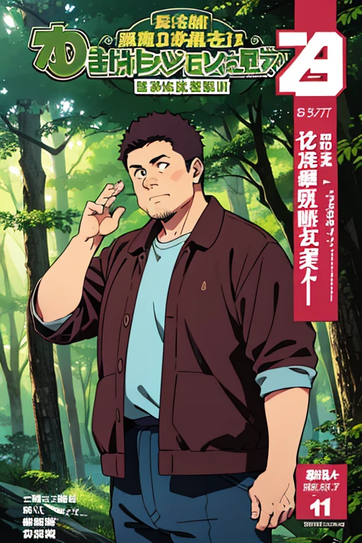 ((illustration)), (best quality)), ((masterpiece)), (detailed), comic cover, hanajima_megumi, 1man, adult, obese, forest background, dark hair, stuffy jacket, daytime, morning, hand stretched to audience, 