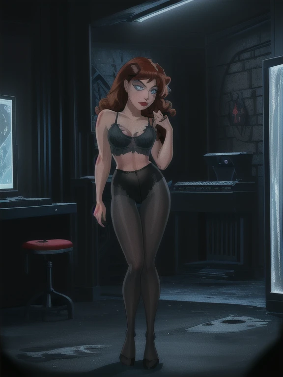 (a girl working with computers in batcave,( red long curly hair),beautiful icy blue eyes,beautiful detailed lips,beautiful face,long eyelashes, best quality,highres,ultra-detailed,realistic,dark castle vibes,full body, (black fit tank), (grey sponge bra ) , ( torn black pantyhose)