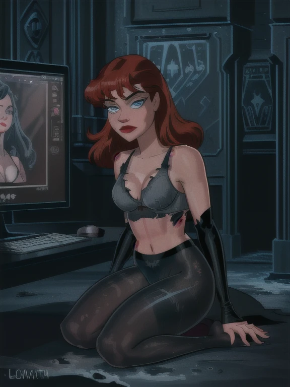 (a girl working with computers in batcave,( red long curly hair),beautiful icy blue eyes,beautiful detailed lips,beautiful face,long eyelashes, best quality,highres,ultra-detailed,realistic,dark castle vibes,Professional photographer shot, (grey sponge bra ) , ( black pantyhose ) fat thighs