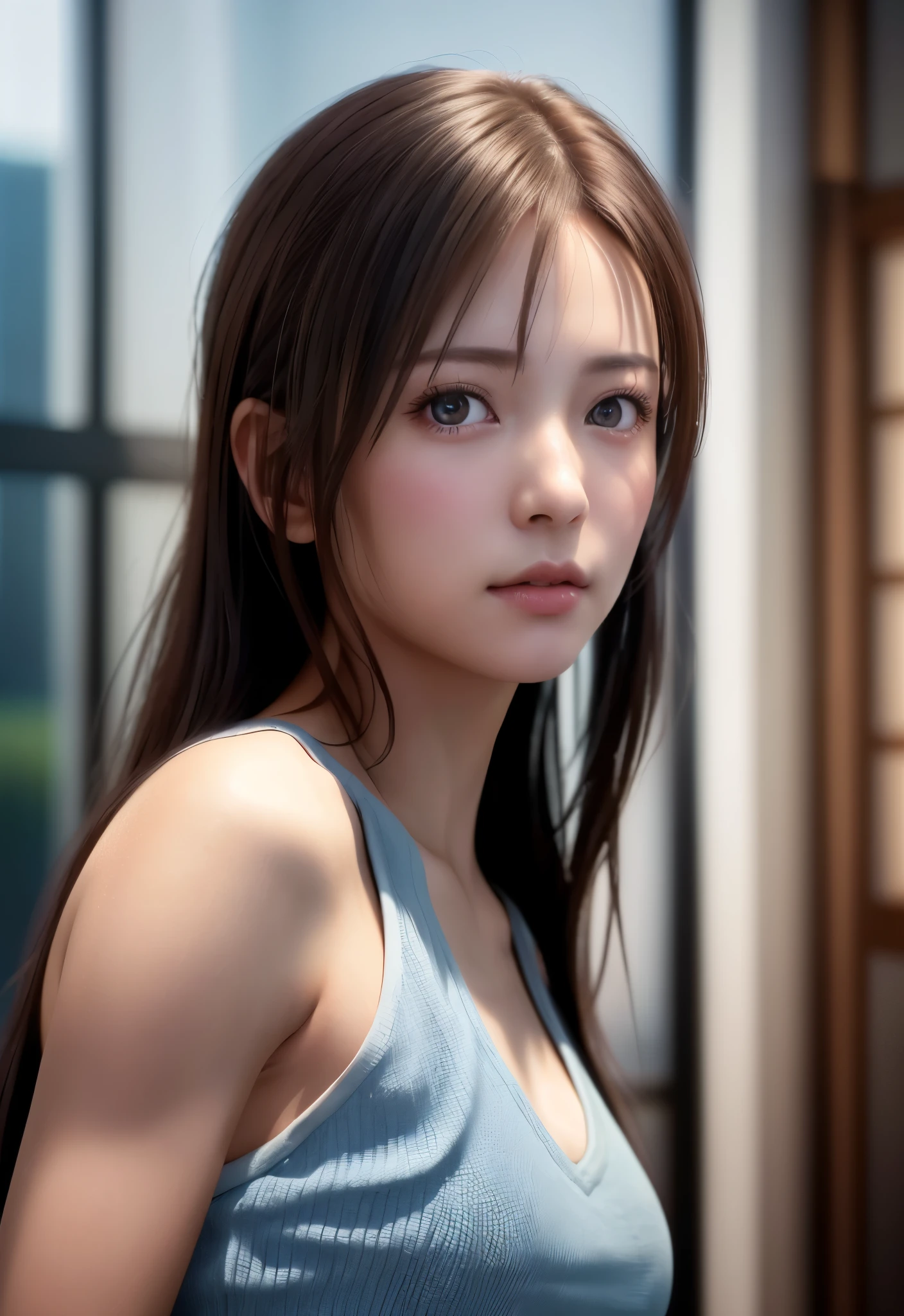 8K, of the highest quality, masutepiece:1.2), (Realistic, Photorealsitic:1.37), of the highest quality, masutepiece, Beautiful young woman, Embarrassed look, Hair tied back, Kamimei、Messy mood, Cinematic background, Tired, Light skin tone