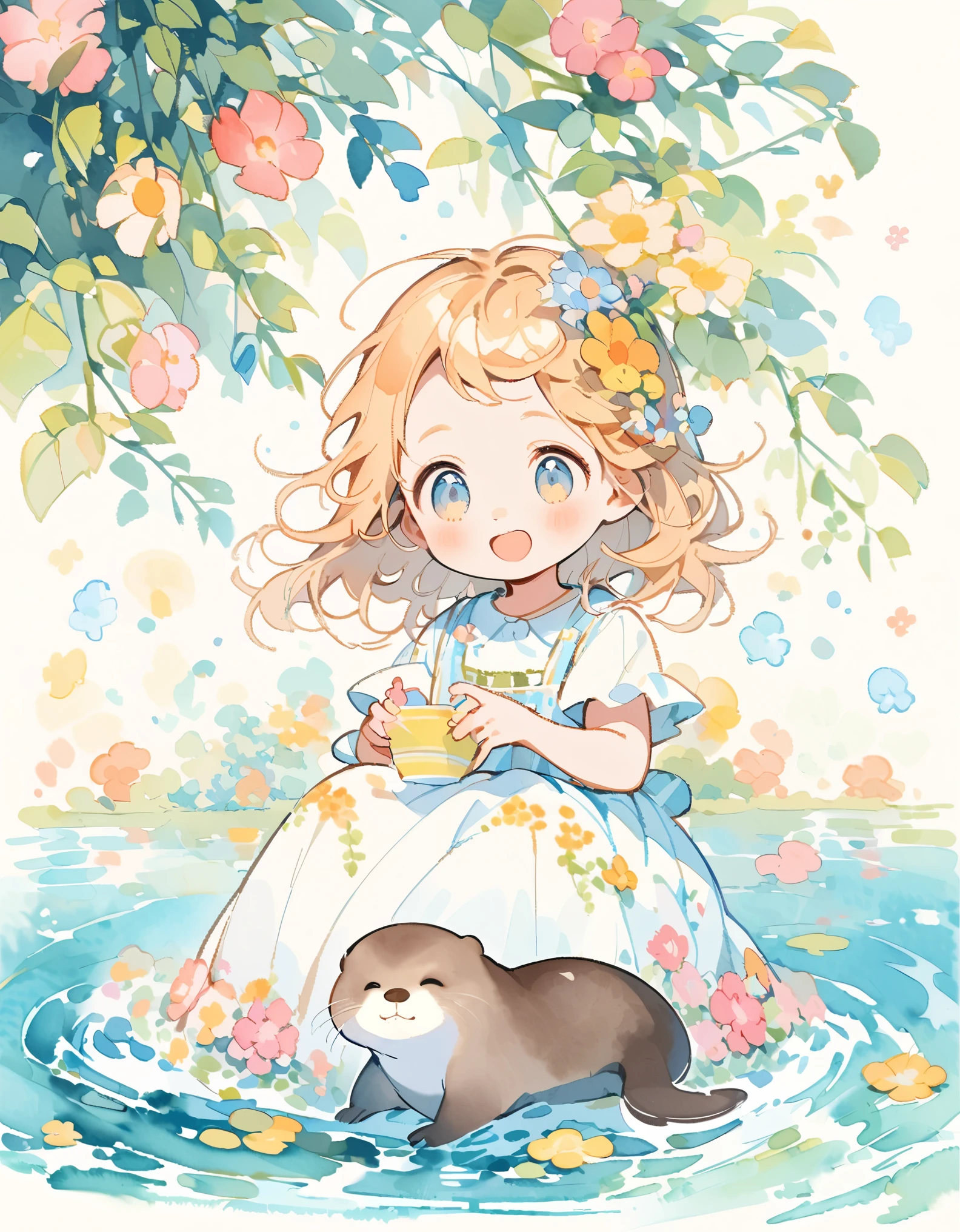 Otter, 1匹のコツメOtter,((Playing by the water)), wood々and flowers々, content:Watercolor. style:Whimsical and delicate, Like an illustration in a children&#39;s book.