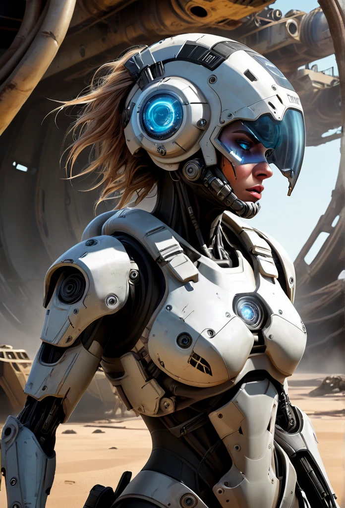 A stranded female Cyborg Soldier in an abandoned Battle Starship Shipwreck, dystopian futuristic scene, realistic style in Don Lawrence brush stroke, oil on canvas, octane render with dramatic lighting and strong shadows, her clothing is tattered and worn out, she has a scar or battle wound, she is wearing a futuristic helmet or visor, she has mechanical enhancements like cybernetic eyes, the shipwreck environment feels eerie and desolate, there is some broken machinery or equipment around her, and her expression is determined and battle-worn