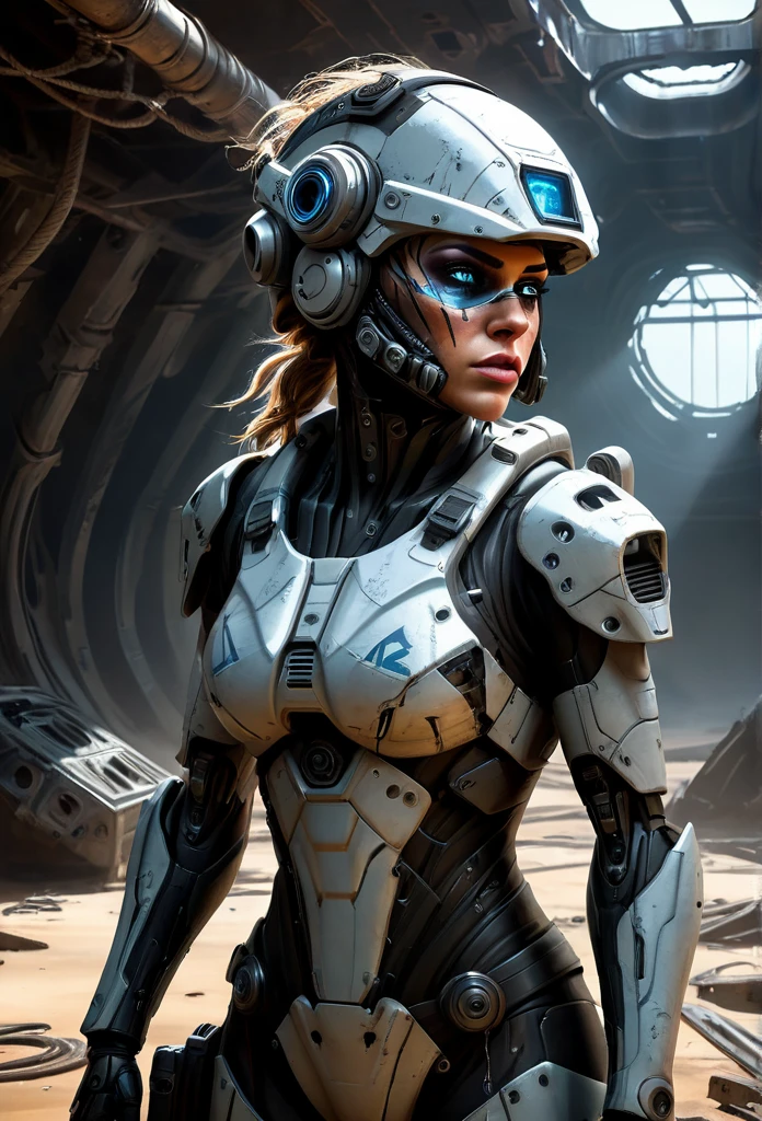 A stranded female Cyborg Soldier in an abandoned Battle Starship Shipwreck, dystopian futuristic scene, realistic style in Don Lawrence brush stroke, oil on canvas, octane render with dramatic lighting and strong shadows, her clothing is tattered and worn out, she has a scar or battle wound, she is wearing a futuristic helmet or visor, she has mechanical enhancements like cybernetic eyes, the shipwreck environment feels eerie and desolate, there is some broken machinery or equipment around her, and her expression is determined and battle-worn