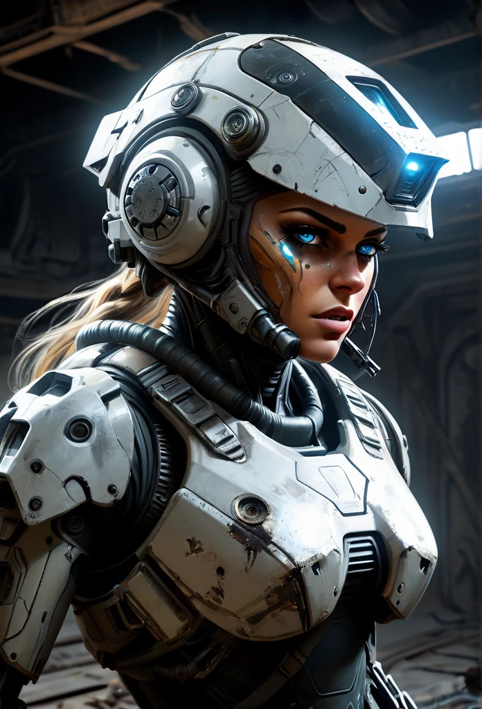 A stranded female Cyborg Soldier in an abandoned Battle Starship Shipwreck, dystopian futuristic scene, realistic style in Don Lawrence brush stroke, oil on canvas, octane render with dramatic lighting and strong shadows, her clothing is tattered and worn out, she has a scar or battle wound, she is wearing a futuristic helmet or visor, she has mechanical enhancements like cybernetic eyes, the shipwreck environment feels eerie and desolate, there is some broken machinery or equipment around her, and her expression is determined and battle-worn