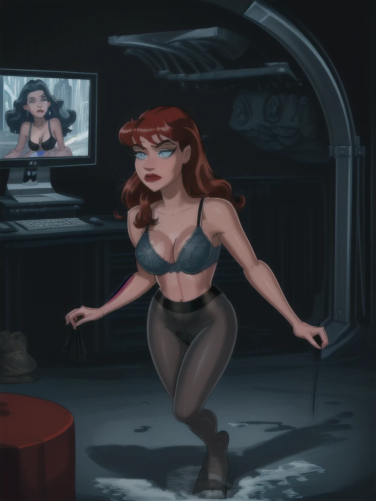 (a girl working with computers in batcave,( red long curly hair),beautiful icy blue eyes,beautiful detailed lips,beautiful face,long eyelashes, best quality,highres,ultra-detailed,realistic,dark castle vibes,full body, (black fit tank), (grey sponge bra ) , ( black pantyhose)