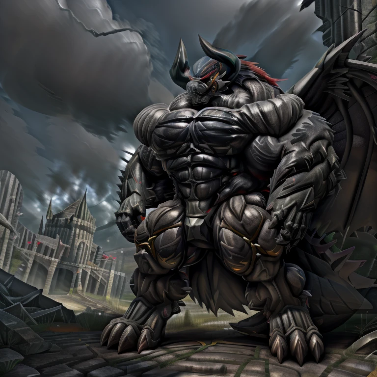(gigantic muscles), 8K, Masterpiece, highres, Detailed head, Detailed Body, full body, Detailed abs, wearing crNanosuit, big muscle (pecs, triceps, traps) unusually developed muscular body,
body full of huge muscles.
pectorales enormes. Exaggeratedly huge muscles. Gigachad Muscular, gigantic muscles, Colossal giant NANOSUIT over a battlefield, The claws are sharp, Sharp teeth, Spread wings, have big wings. black wings, METAL WINGS, nj5furry, Animal paws, castle, black visor, demon lord dragon batzz, five fingers and toes