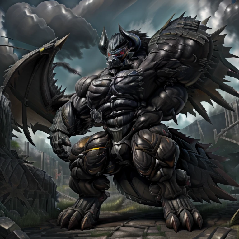 (gigantic muscles), 8K, Masterpiece, highres, Detailed head, Detailed Body, full body, Detailed abs, wearing crNanosuit, big muscle (pecs, triceps, traps) unusually developed muscular body,
body full of huge muscles.
pectorales enormes. Exaggeratedly huge muscles. Gigachad Muscular, gigantic muscles, Colossal giant NANOSUIT over a battlefield, The claws are sharp, Sharp teeth, Spread wings, have big wings. black wings, METAL WINGS, nj5furry, Animal paws, castle, black visor, demon lord dragon batzz, five fingers and toes