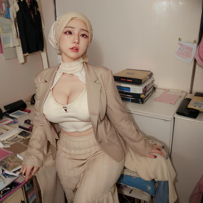 ((1woman)), Female Politician, Middle-aged Woman, Plump, 40 years old, ((Blazer:1.3)), ((Hijab, Long Skirt)), Portrait, ((Messy Office:1.2)), ((Sweat:1.0)), ((Upward Gazing:1.3)), ((Mix of Indonesian-Japanese Heritage:1.1)), ((Ex-Gravure Idol:1.1)), ((Tight Clothes:1.2)), ((Half-Naked:1.0)), ((Breasts Out:1.0)), ((K Cup:1.0)), ((Fake Implant:1.0)), ((Massive Cleavage))