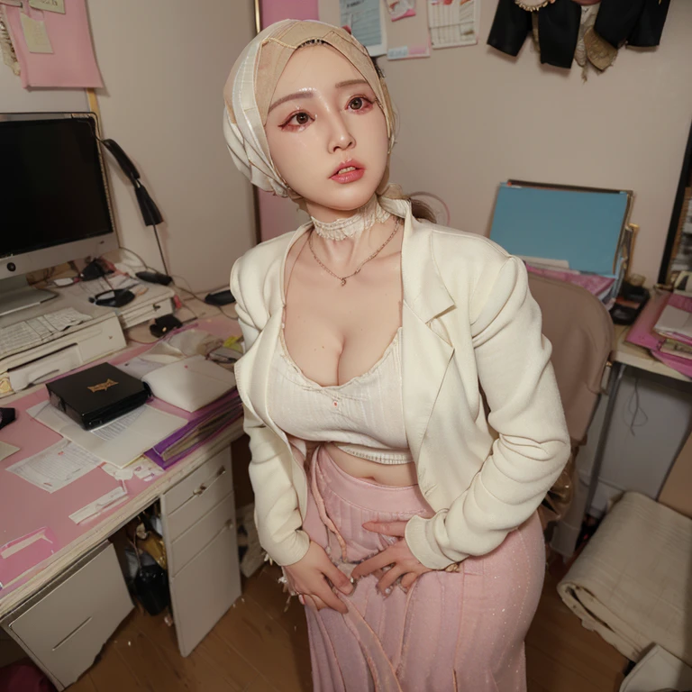 ((1woman)), Female Politician, Middle-aged Woman, Plump, 40 years old, ((Blazer:1.3)), ((Hijab, Long Skirt)), Portrait, ((Messy Office:1.2)), ((Sweat:1.0)), ((Upward Gazing:1.3)), ((Mix of Indonesian-Japanese Heritage:1.1)), ((Ex-Gravure Idol:1.1)), ((Tight Clothes:1.2)), ((Half-Naked:1.0)), ((Breasts Out:1.0)), ((K Cup:1.0)), ((Fake Implant:1.0)), ((Massive Cleavage))