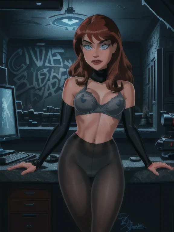 (a girl working with computers in batcave,( red long curly hair),beautiful icy blue eyes,beautiful detailed lips,beautiful face,long eyelashes, best quality,highres,ultra-detailed,realistic,dark castle vibes,Professional photographer shot, (black fit tank), (grey  sponge bra ) , (  black pantyhose)